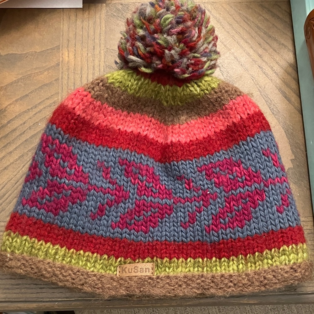 KuSan hand knit fleece-lined wool beanie. Multi color Made in Nepal